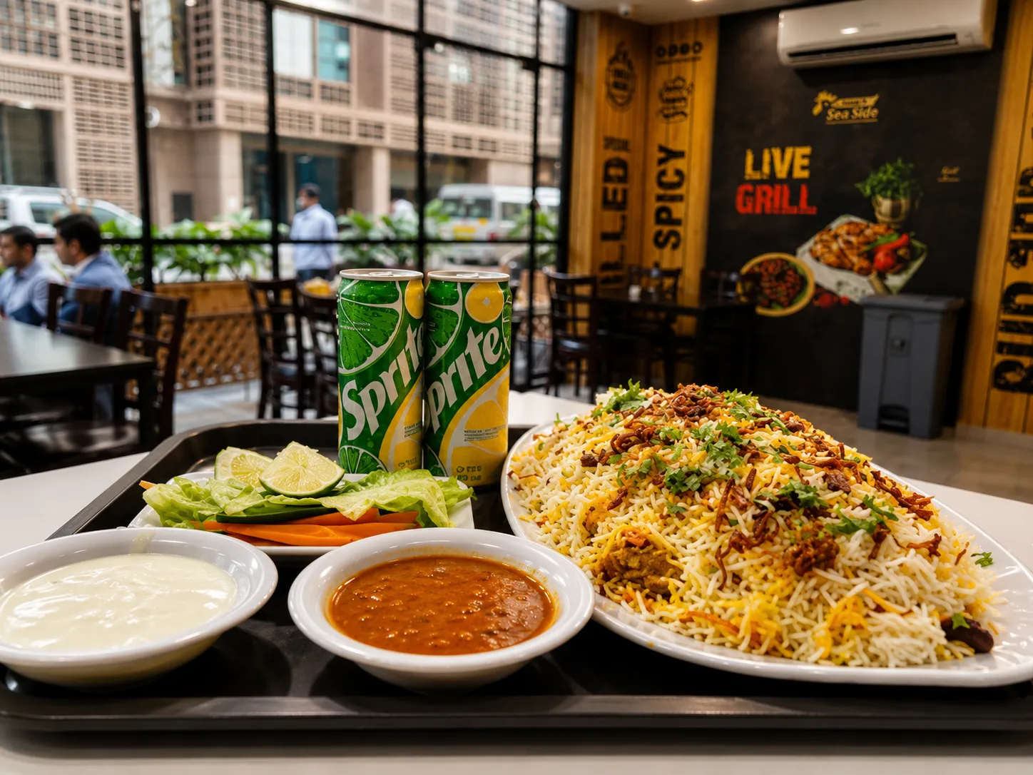 Chicken rice meal served with a cold drink
