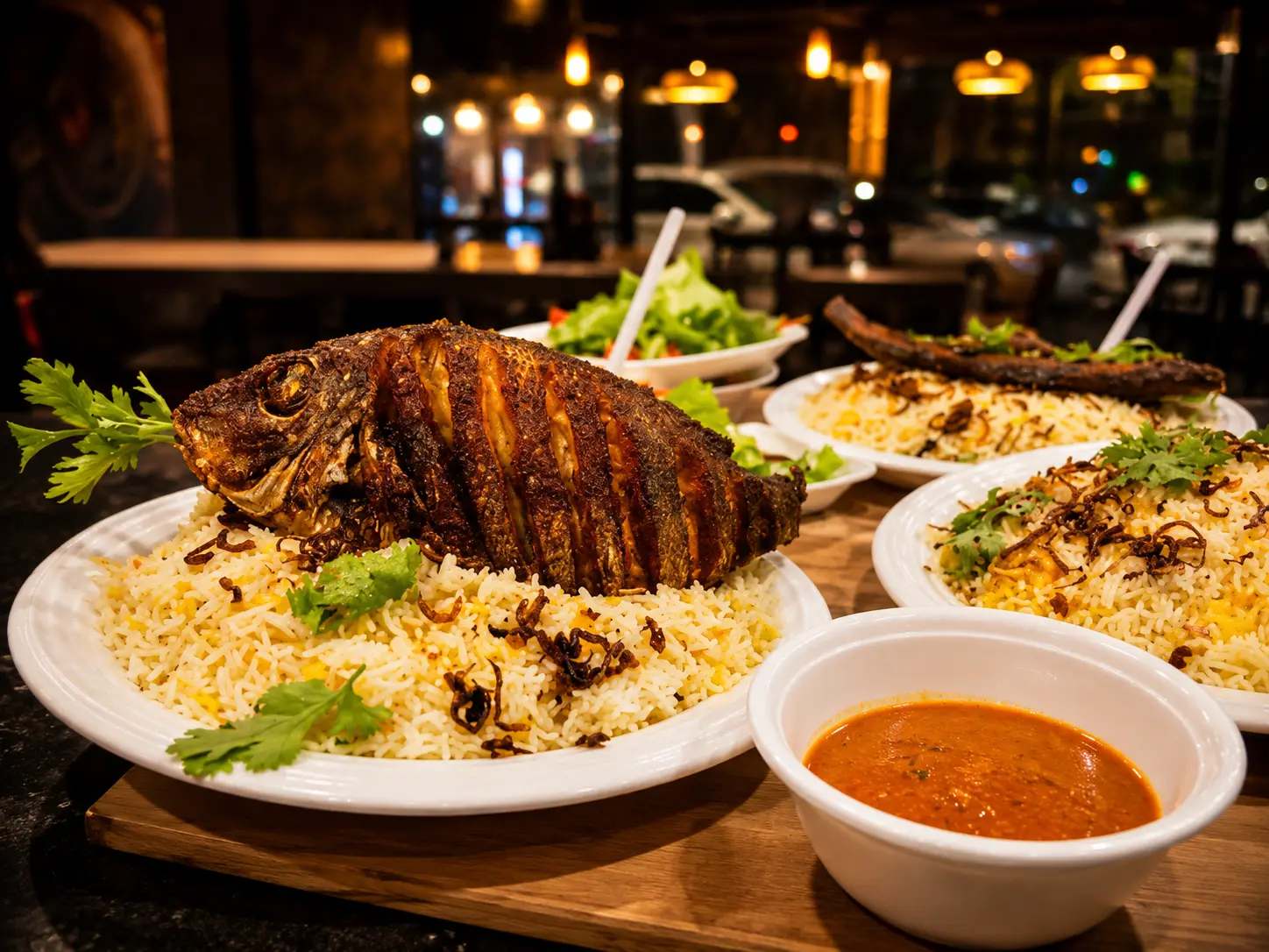 Exotic fish and rice platter spread
