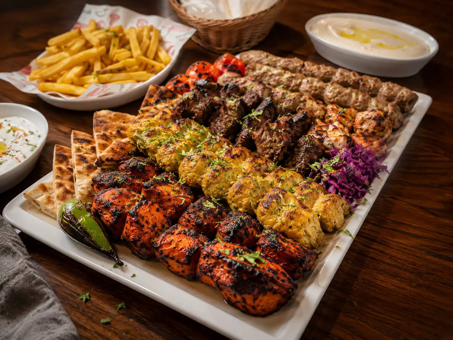 Sizzling Kebab platter with accompaniments