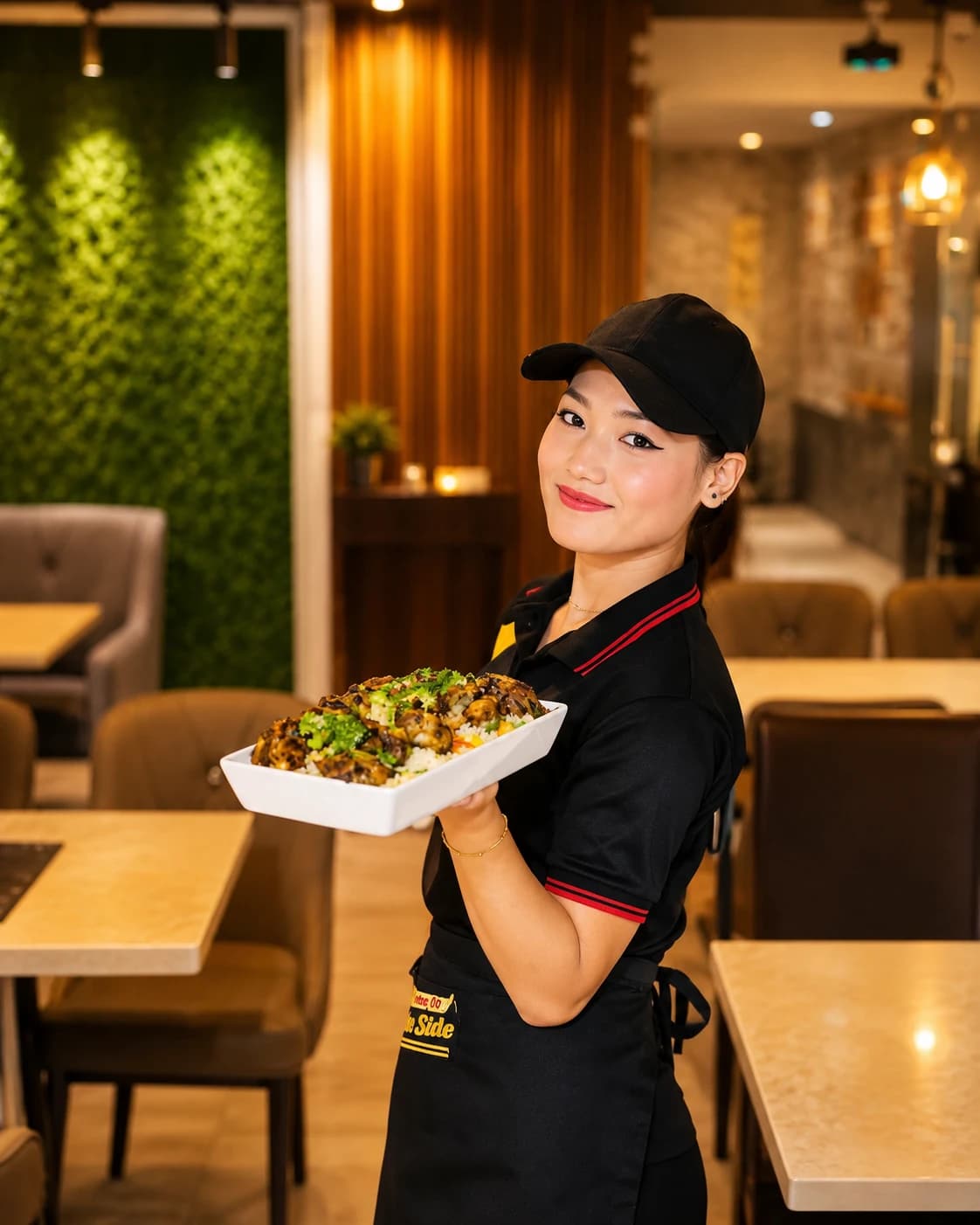 Waiter serving a large chicken platter